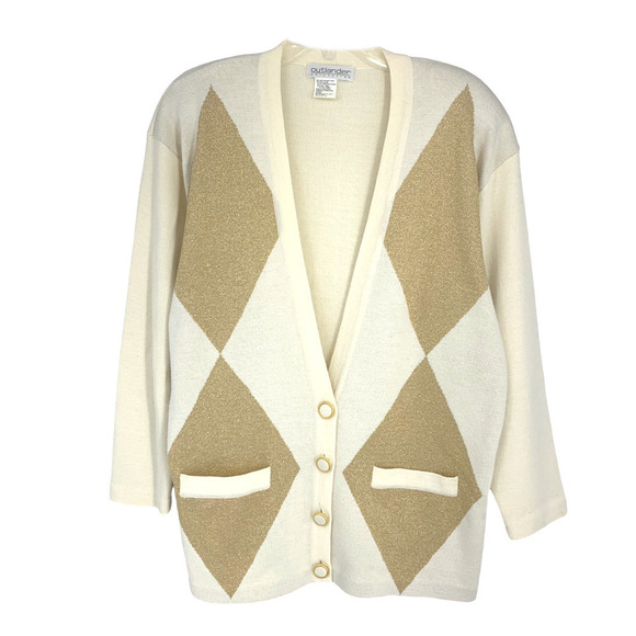 Vintage 1990s Outlander Collection Sz L/XL Gold & Cream Diamond Cardigan Sweater - Picture 2 of 6